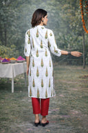 White Leaf Printed Cotton Straight Cut Kurta