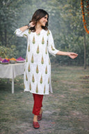 White Leaf Printed Cotton Straight Cut Kurta