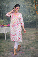 White Floral Printed Cotton Straight Cut Kurta