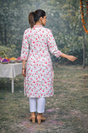 White Floral Printed Cotton Straight Cut Kurta