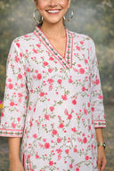 White Floral Printed Cotton Straight Cut Kurta