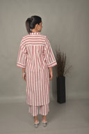 White-Red Striped Antifit Shirt Collar Kurta Set (set of 2)