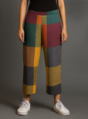 Mustard Multicolour Checks Handloom Cotton Flared Pants