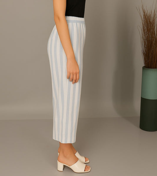White-Blue Stripe Cotton Flared Pants