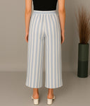 White-Blue Striped Cotton Flared Pants