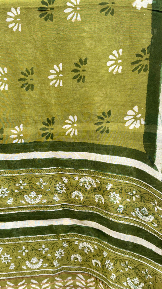 Olive-Floral Hand Block Printed Chanderi Zari Dupatta
