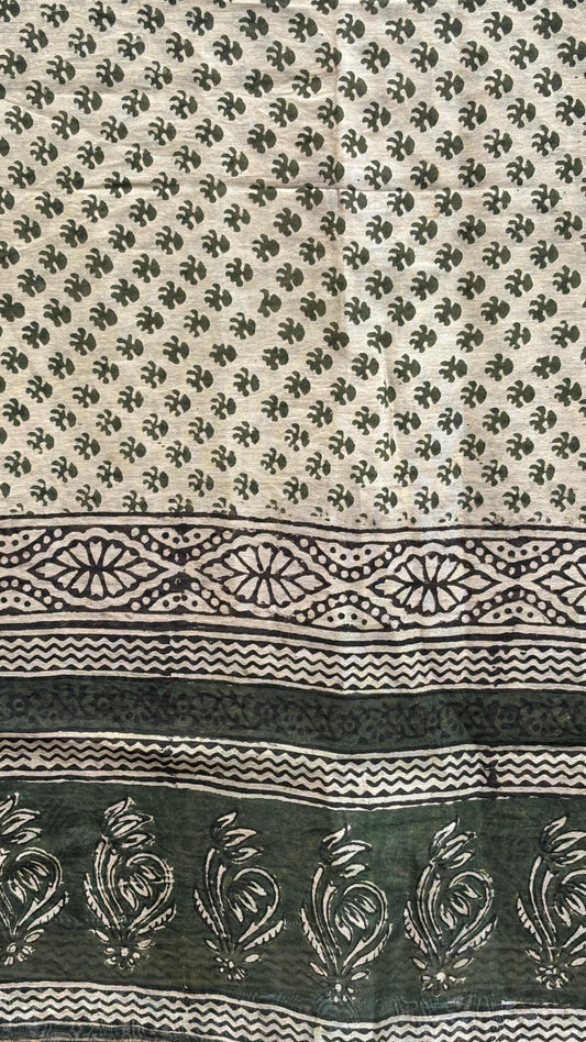 Olive-Beige Hand Block Printed Chanderi Zari Dupatta