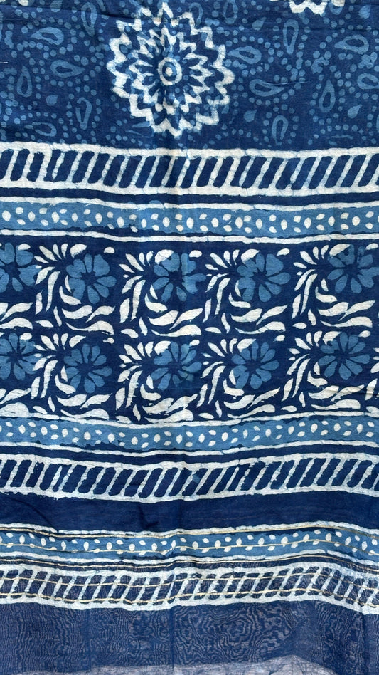 Indigo Floral Hand Block Printed Chanderi Zari Dupatta