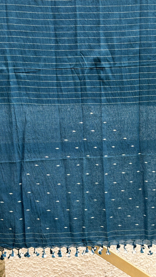 Blue Jamdani Hand Block Printed Dupatta with Striped Detailing
