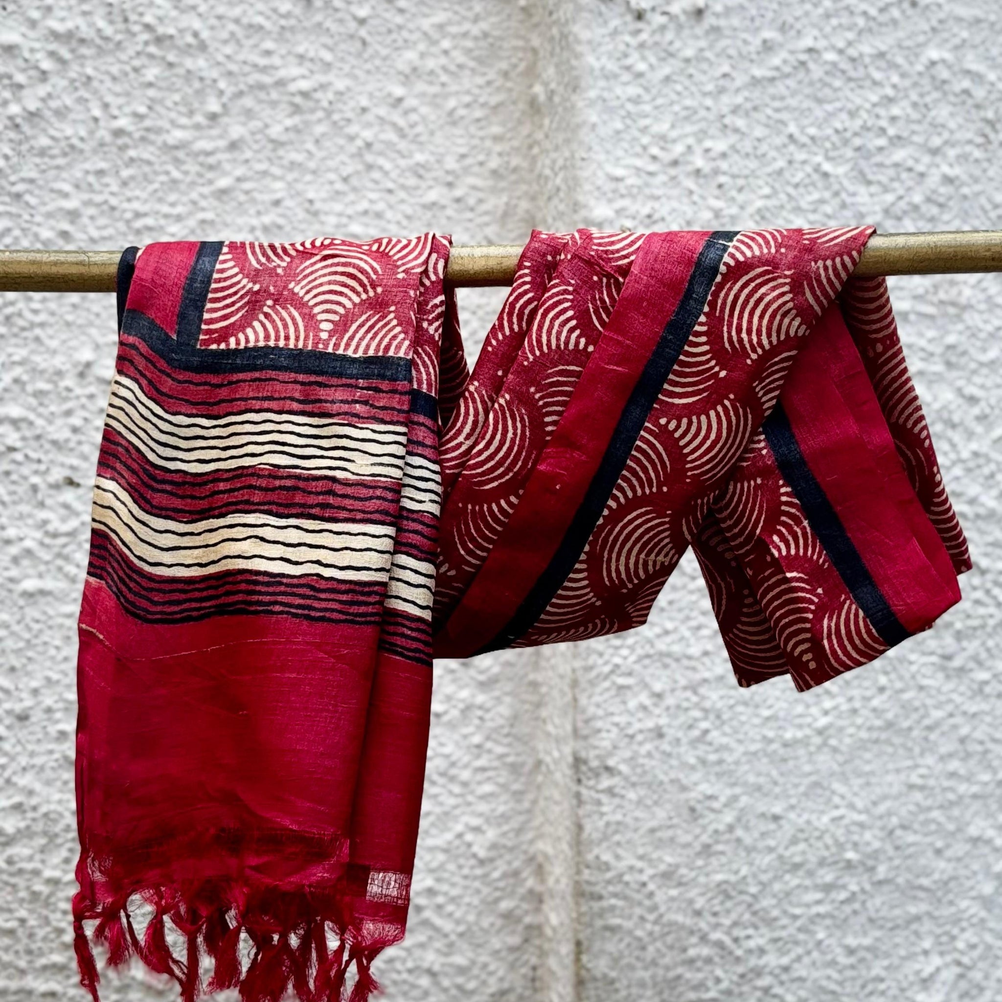 Red Tassar Dupatta with Hand Block Print