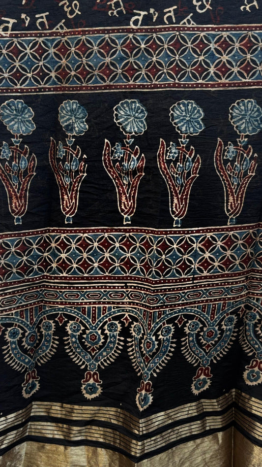 Black Ajrakh Cotton Stole with Chanderi Silk Detailing