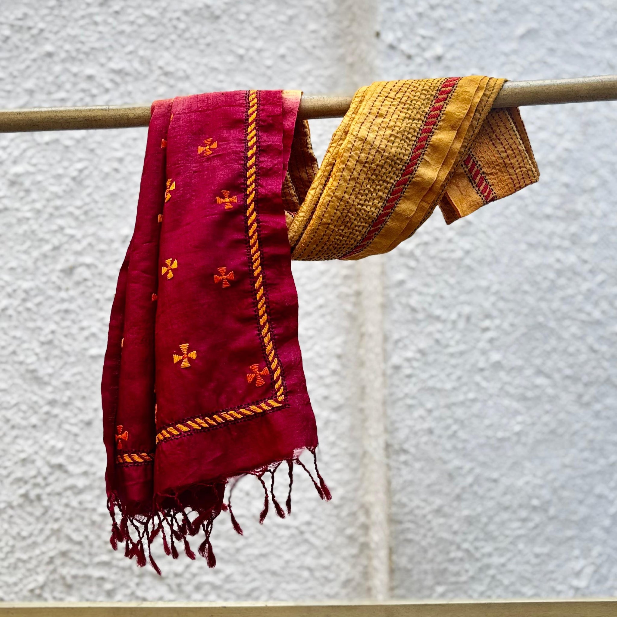 Mustard Yellow and Red Ombré Tassar Silk Stole with Kantha Hand Embroidery
