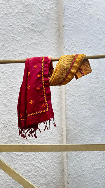 Mustard Yellow and Red Ombré Tassar Silk Stole with Kantha Hand Embroidery