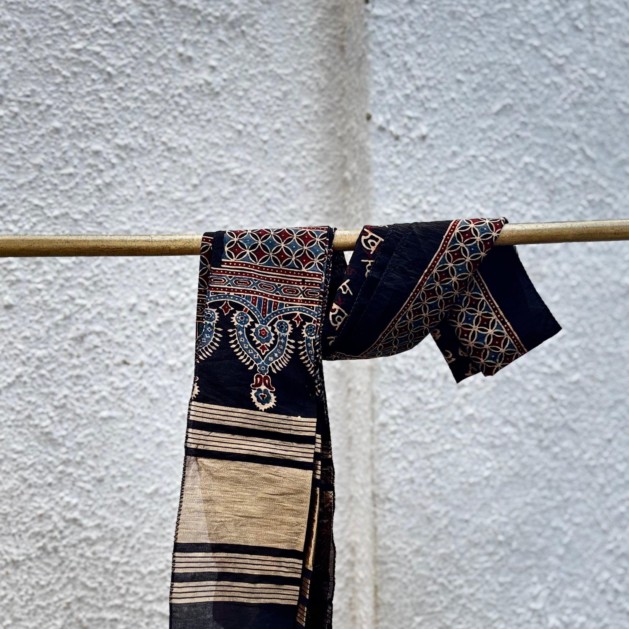 Black Ajrakh Cotton Stole with Chanderi Silk Detailing