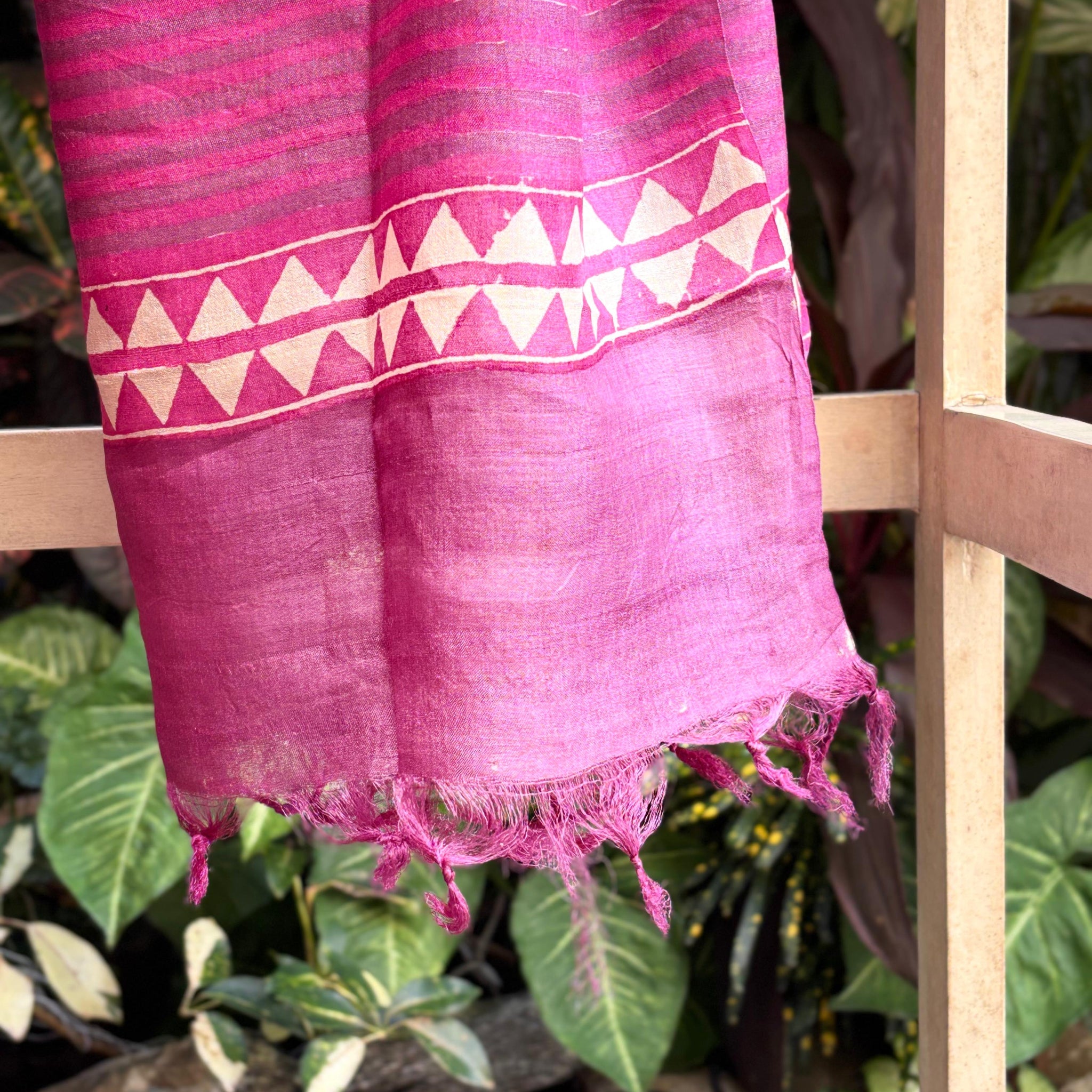 Pink-Purple Tassar Dupatta with Hand Block Printing