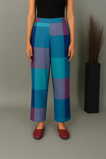 Pink-Purple Checks Handwoven Flared Cotton Pant