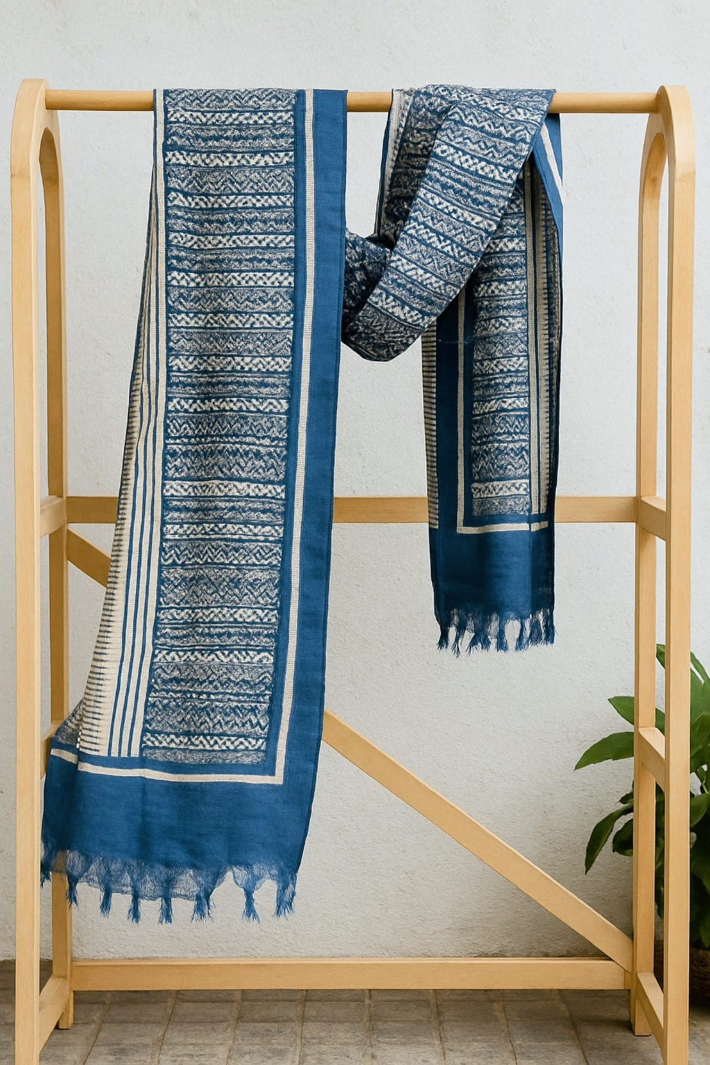 Blue & White Tassar Silk Dupatta with Hand Block Print