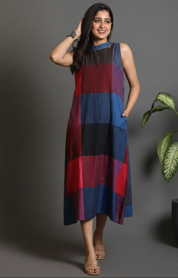 Red-Blue Checks Handloom Cotton Halter Neck Dress