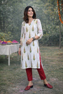 White Leaf Printed Cotton Straight Cut Kurta