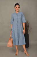Blue Striped Handloom Cotton Front Open Dress