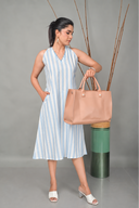 White-Blue Striped Halter Neck A-Line Dress