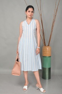 White-Blue Striped Halter Neck A-Line Dress