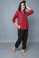 Red Handloom Cotton Pleated Top