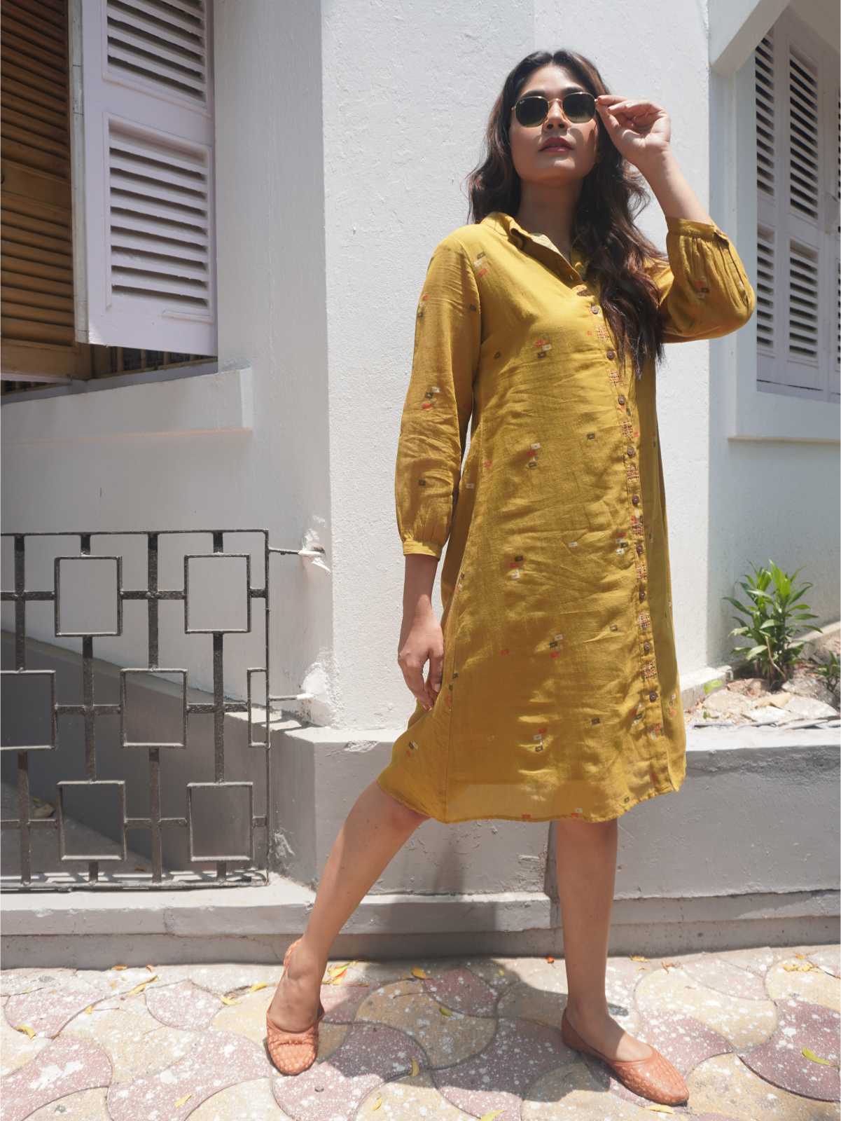 Mustard Jamdani Shirt Collar Front Open Dress With Kantha Hand Embroidery Detailing