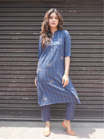 Blue-Zari Khadi Co-Ordinated Set With Kantha Hand Embroidery Detailing