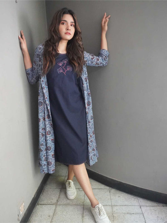 Blue Printed Ajrakh Shrug Dress With Kantha Hand Embroidery