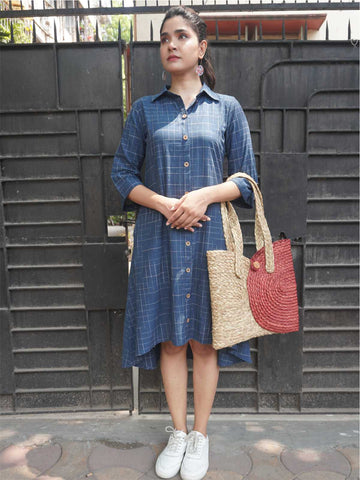 Blue Textured Khadi High-Low Shirt Collar Dress