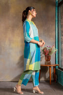 Lime Checks Handloom Cotton Rounded Hem Kurta Set with Flared Pants (set of 2)