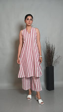 White-Red Striped Hand Embroidered Cotton Halter Kurta Set (Set of 2)