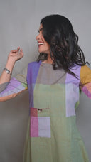 Pastel Green Hand Embroidered Handloom Cotton Half & Half Dress