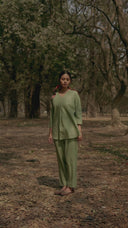 Sage Green Hand Embroidered Cotton Pleated Co-ord Set (set of 2)