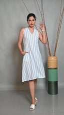 White-Blue Striped Halter Neck A-Line Dress