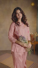 Rose Pink Pure Linen Hand Embroidered Co-ord Set (set of 2)