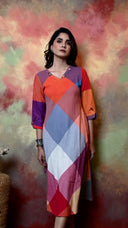 Red-White-Grey Checks Handloom Cotton Bias Dress