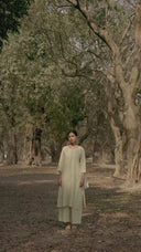 Yellow Striped Hand Embroidered Cotton Three Panel Kurta