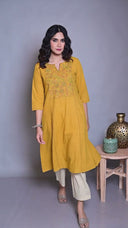 Yellow Hand Embroidered Handloom Cotton Three Panel Kurta Set (set of 2)