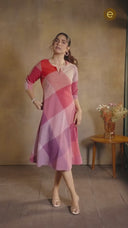 Pink-White Checks Handloom Cotton Bias Dress