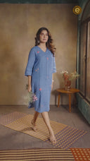 Ocean Blue Pure Linen Hand Embroidered Dress