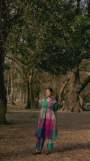 Teal Checks Hand Embroidered Handloom Cotton A-line Kurta Set (set of 2)