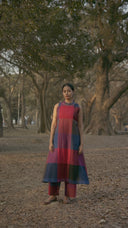 Red-Blue Checks Handloom Cotton Halter Neck Dress