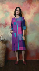 Pink-Purple Checks Hand Embroidered Handloom Cotton Half & Half Dress