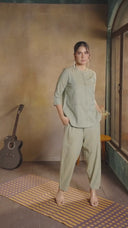 Sage Green Handloom Cotton Hand Embroidered Antifit Co-ord Set (set of 2)