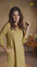 Mustard Brown Pure Linen Hand Embroidered Dress