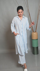White-Blue Striped Antifit Shirt Collar Kurta Set (set of 2)