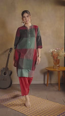 Red-Green Checks Handloom Cotton Rounded Hem A-line Kurta