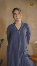 Indigo Handloom Cotton Antifit Kurta Set with Side Buttons (set of 2)